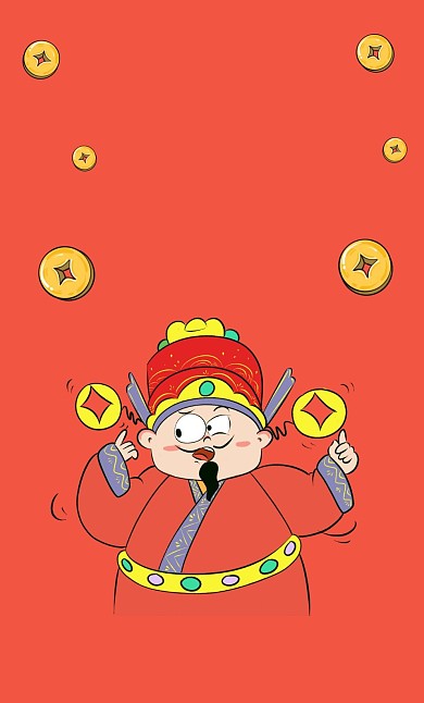 撒钱啦财神爷铜钱币卡通风红包