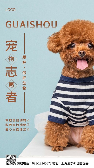 宠物志愿者蓝色简约风手机海报