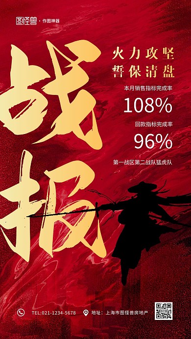 战报红色大气房地产清盘贺报手机海报