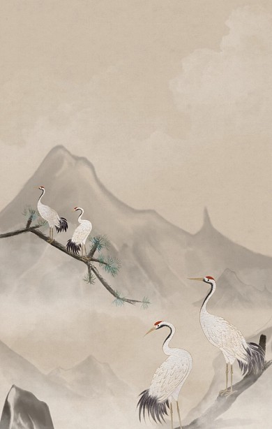 黑白水墨墙面山水画展览简约室内