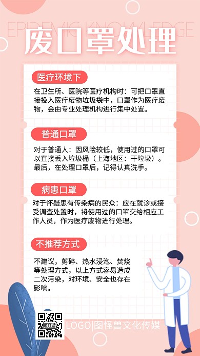 废弃口罩处理方式垃圾分类粉色卡通手机海报
