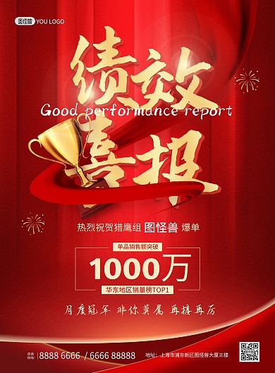 绩效喜报贺报红色喜庆大气印刷海报
