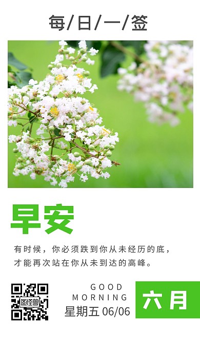 落花早安图绿色花朵简约大气