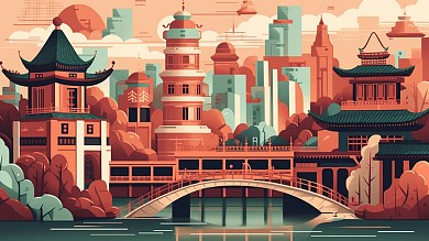 卡通风格横板插画风城市建筑古建筑手机海报背景