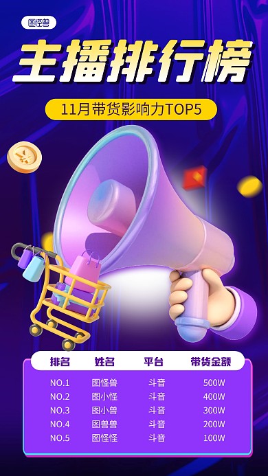 主播排名榜排行榜带货紫色3D立体海报