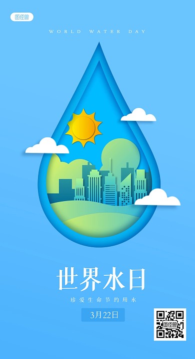 蓝色世界水日剪纸风海报