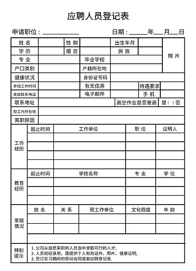 应聘人员登记表