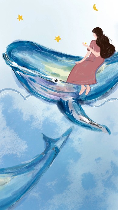 图怪兽原创元素背景鲸鱼梦幻人物女孩卡通