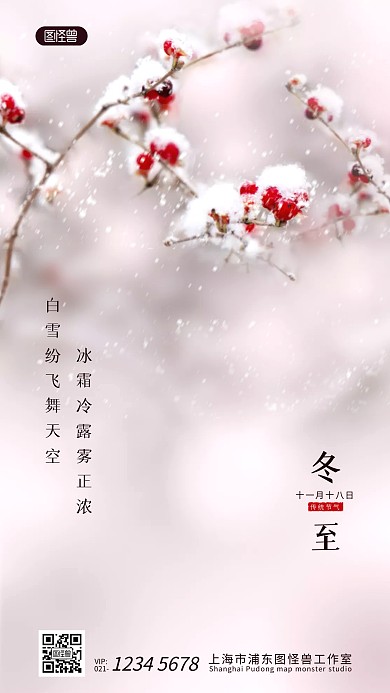 冬至二十四节气文艺语录飘雪红果摄影图海报