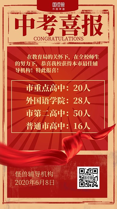 复古红色中考喜报海报