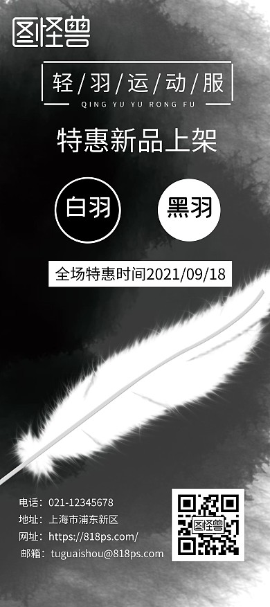 羽毛黑白水墨梦幻轻羽运动宣传展架