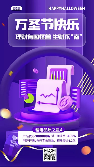 立体风格万圣节快乐金融借势宣传3D海报