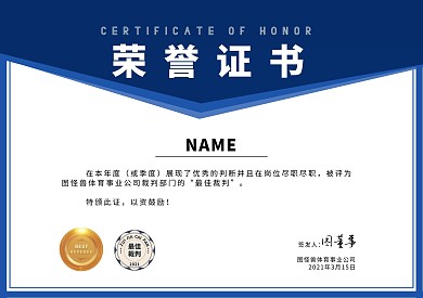 最佳裁判色块蓝色金色简约荣誉证书