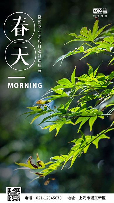 绿色简约摄影大气植物绿叶早安物业春天日签