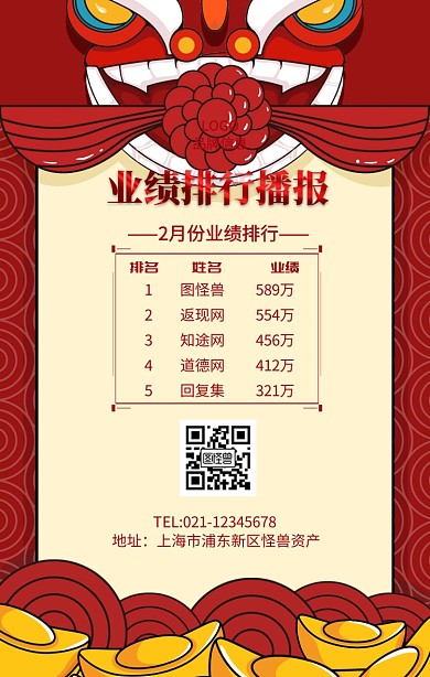 红色简约风业绩排行播报手机海报