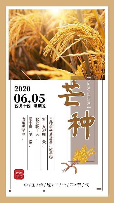 黄色系二十四节气芒种手机海报