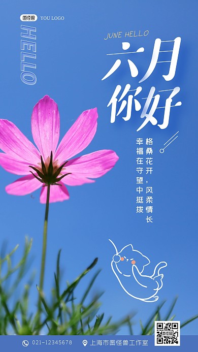 6月你好格桑花蓝色创意摄影图手机海报