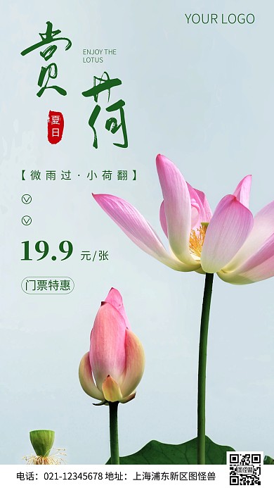 简约风夏日赏荷门票特惠摄影图海报