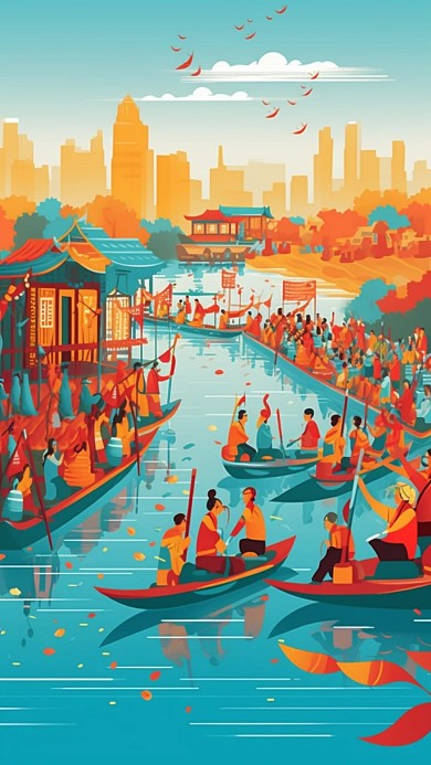 扁平插画风端午节赛龙舟活动场景背景