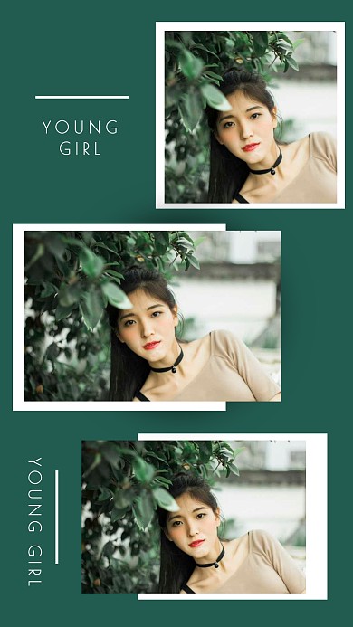 绿色森系女孩简约自拍三图手机拼图