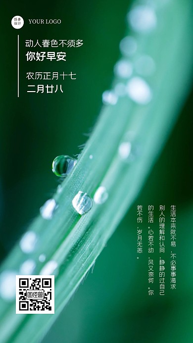 早安二月摄影简约绿色日签