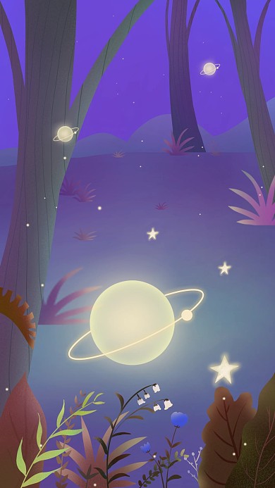 梦幻树林星空晚安日签插画背景