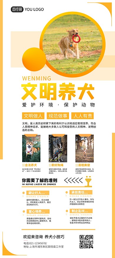 文明养犬爱心公益黄色展架
