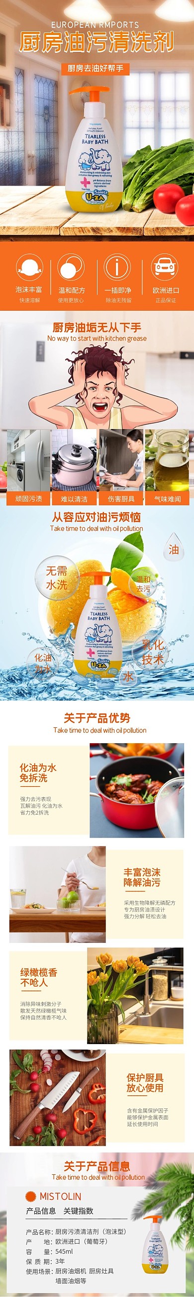 厨房油污清洗剂橙色大气电商淘宝详情页