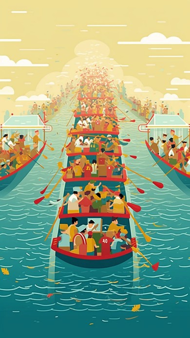 扁平插画风端午节赛龙舟活动场景背景