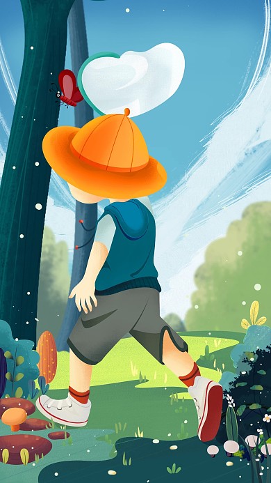 手绘儿童节卡通奔跑捕蝴蝶插画