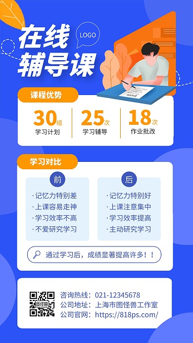 蓝色简约风学习培训前后效果对比图手机海报