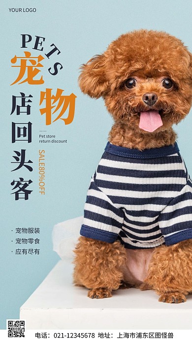 摄影图宠物店回头客蓝色简约风手机海报