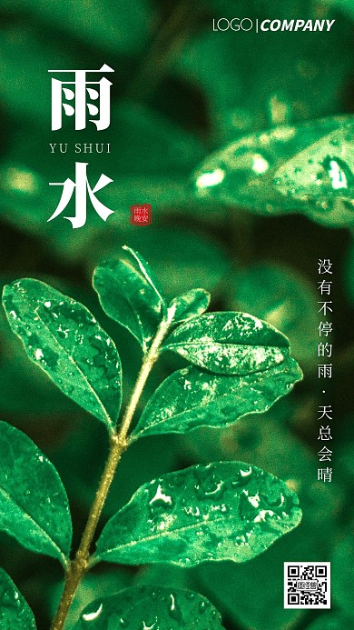 简约风摄影图晚安雨水传统节气日签