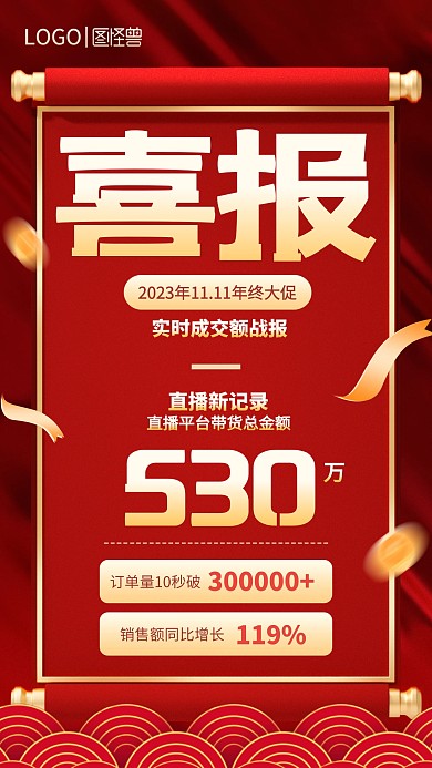 红色大气双十一销量喜报手机海报