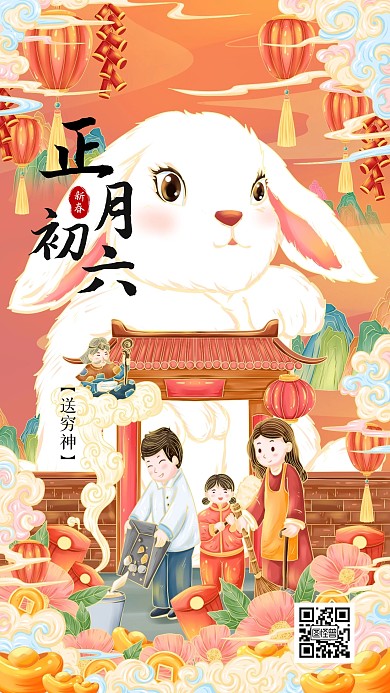 正月初六送穷神新春年俗手机海报