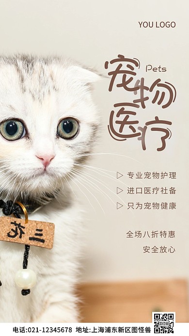 宠物医疗褐色简约风摄影图海报