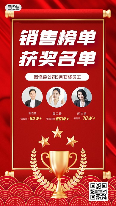 人物获奖销售喜报红色3D立体海报