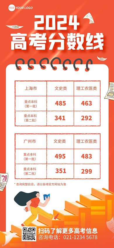 原创橙色简约风2024高考分数线海报