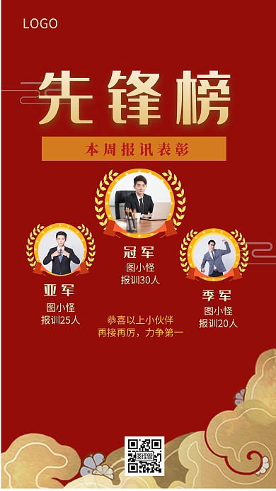 先锋榜报训排行榜喜报表彰红色创意手机海报