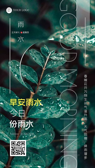 简约相册风绿色叶子雨水传统节气日签