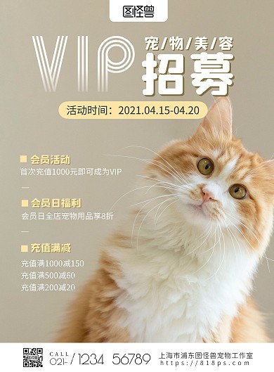 黄色简约宠物美容VIP招募海报