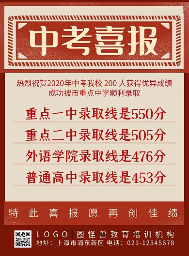 中考喜报通报状元红金复古竖版海报