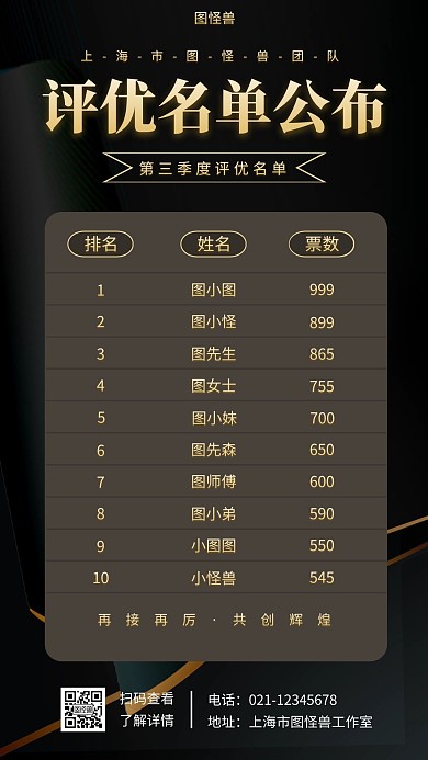 季度评优名单黑色简约大气时尚手机海报
