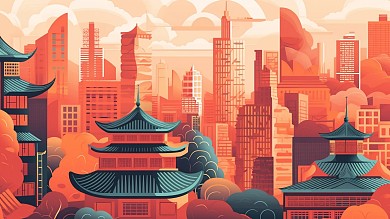 卡通风格横板插画风城市建筑古建筑手机海报背景
