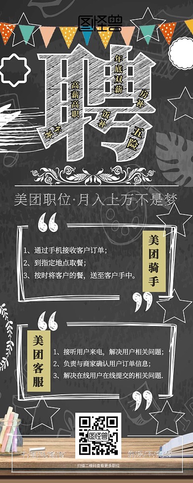 黑板手绘图怪兽招聘营销长图