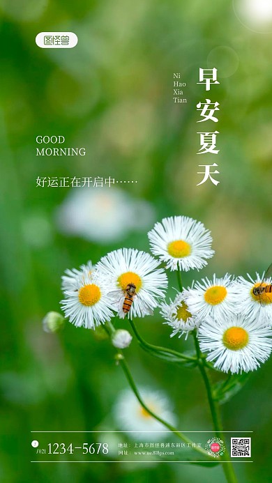 绿色清新早安夏天祝福问候语录摄影图海报