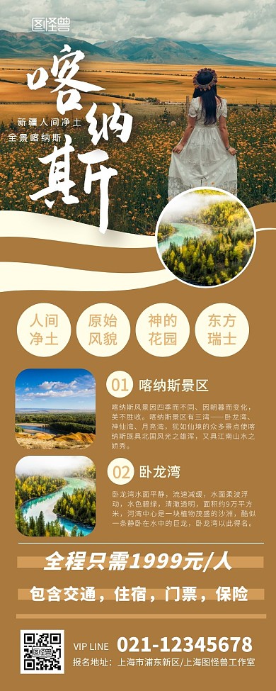 棕色简约新疆喀纳斯旅游景点游览营销长图