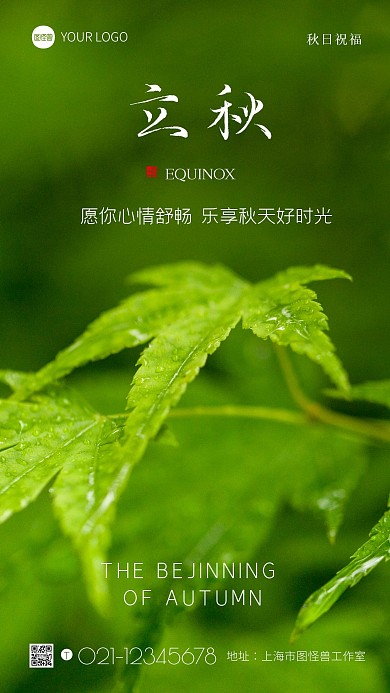 立秋祝福问候清新绿色枫叶背景摄影图海报