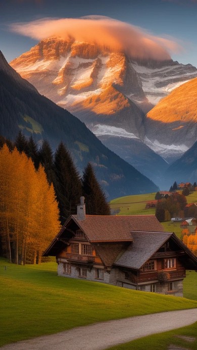 自然风景一栋房子在雪山谷内AI数字作品