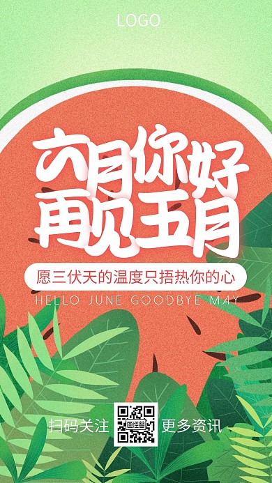 你好六月五月再见祝福西瓜卡通手机海报